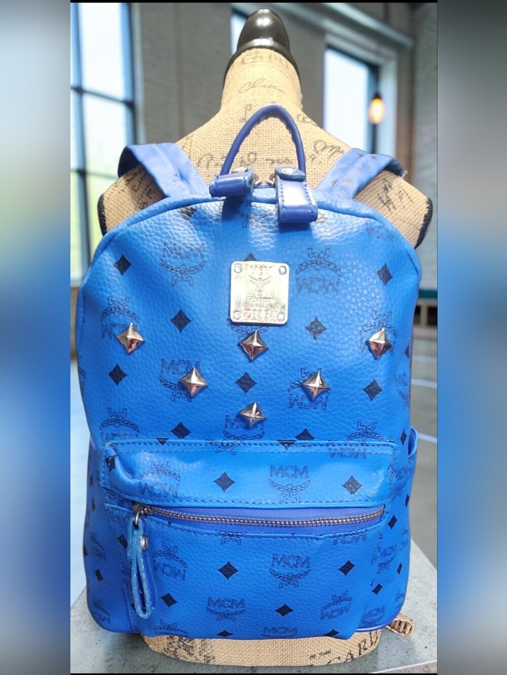 MCM Stark Studded Backpack In Vibrant Blue Visetos Coated Canvas